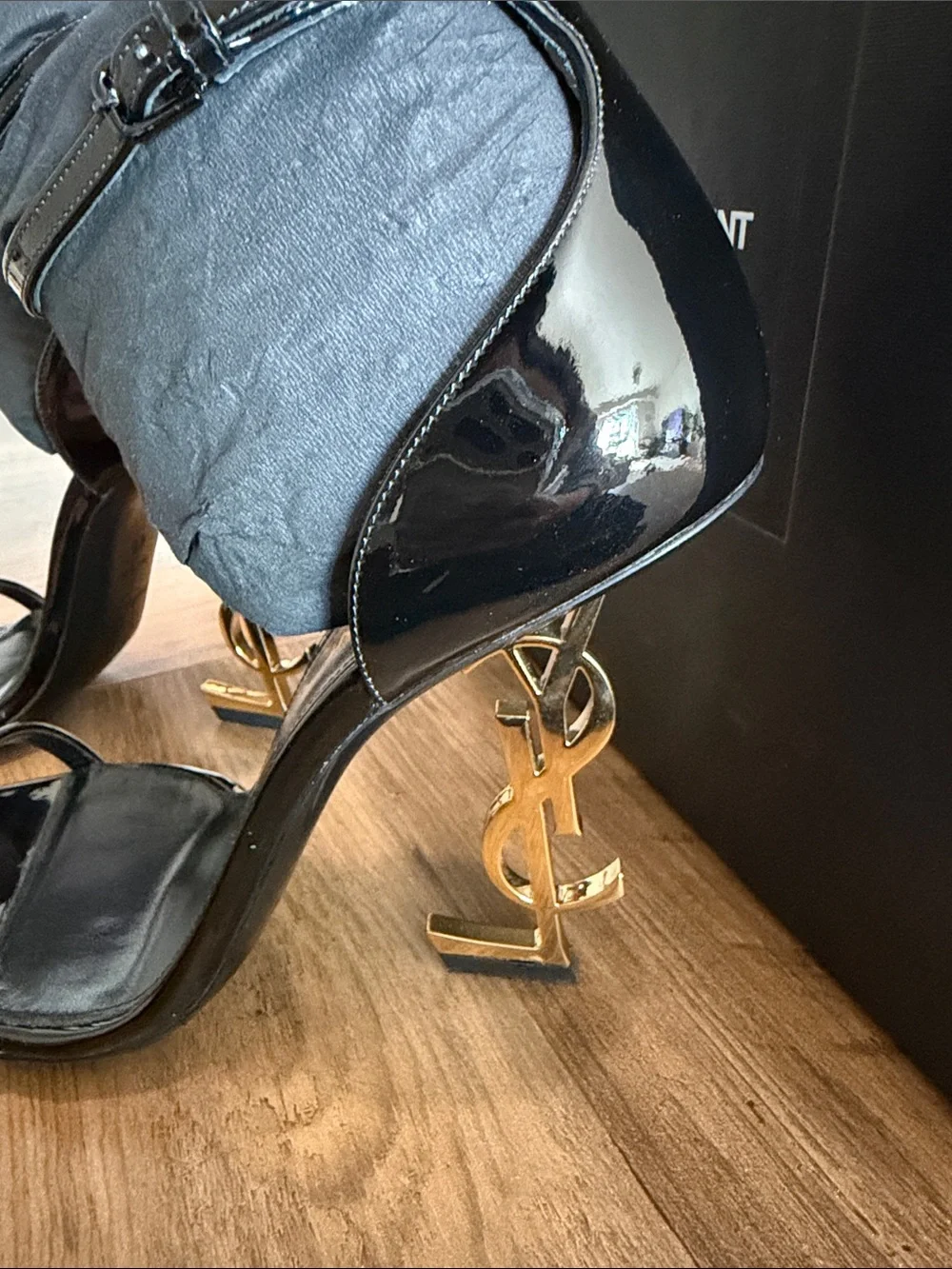 Saint Laurent Black Patent Leather Square-Toe Ankle-Strap Heels - Picture 3 of 9